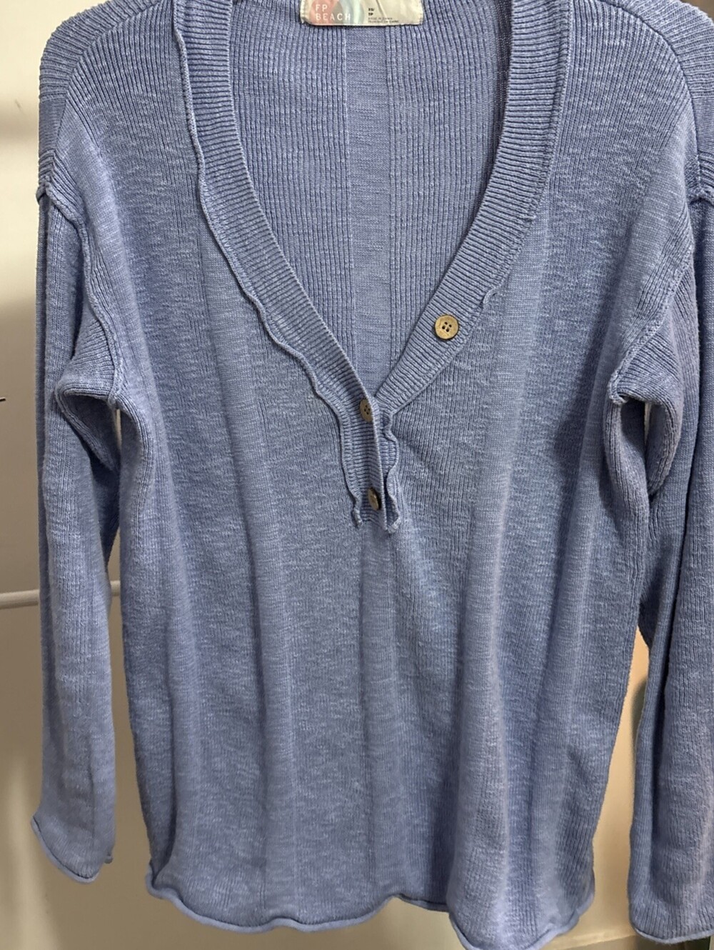 Free people beach periwinkle cotton linen henley long sleeve top XS Oversized